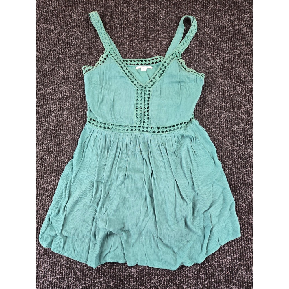 O'Neill Womens Teal Green Crochet Lattice Trim Crinkle Gauze Mini Dress Size S